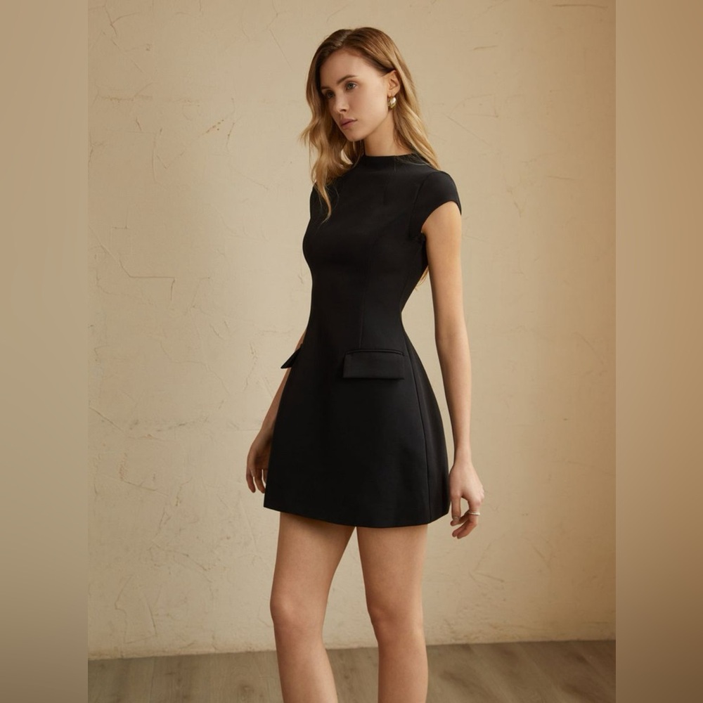 Cap Sleeve Elegant A Line Mini Dress in Black - Picture 2 of 7